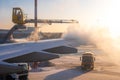 Moscow, Russia - January 12, 2022: De-icing an aircraft wing. Process of spraying anti-icing white fluid the rear part of the wing