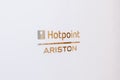 Moscow, Russia - January 18, 2020: Hotpoint ariston logo on a fridge door, company that manufactures home appliances