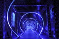 Interactive futuristic exhibition - dark corridor with blue illumination