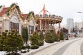 Moscow, Russia - January 17, 2020. Journey to Christmas. Moscow Seasons winter festival. Fair buildings and merry-go-round. Royalty Free Stock Photo