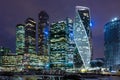 Moscow-City is a business center in Moscow centre at night in snowfall. Night illumination of skyscrapers. Royalty Free Stock Photo