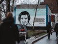 Moscow, Russia - January 17, 2020: Mural of Vladimir Vysotsky on brick wall opposite museum house of Vladimir Semenovich Vysotsky Royalty Free Stock Photo