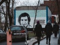 Moscow, Russia - January 17, 2020: Mural of Vladimir Vysotsky on brick wall opposite museum house of Vladimir Semenovich Vysotsky Royalty Free Stock Photo