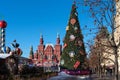 Moscow, Russia - January 9, 2018: New Year and Christmas market and decorations on Red Square. GUM with a Christmas tree Royalty Free Stock Photo