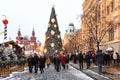Moscow, Russia - January 5, 2018: New Year and Christmas market and decorations on Red Square. GUM with a tree and Royalty Free Stock Photo