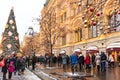 Moscow, Russia - January 5, 2018: New Year and Christmas market and decorations on Red Square. GUM with a tree and Royalty Free Stock Photo