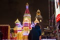 Moscow, Russia - January 2020: New Year installations and decorations at the Moscow Kiyevsky railway station