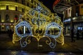 New Year`s and Christmas street light installations on a frosty winter evening