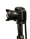 Photo camera Nikon D800 + Nikkor lens 14mm standing on heavy tripod against the 255 white