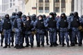 Moscow RUSSIA - January 31 2021: Police officers stand in a cordon on unauthorized political rally in support of the arrested