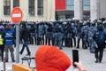 Moscow RUSSIA - January 31 2021: Police officers stand in a cordon on unauthorized political rally in support of the arrested