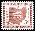 Postage stamp printed in United States devoted to 150 Years Ohio Statehood, Map, State Seal, Buckeye Leaf, serie, circa 1953