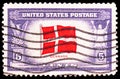 Postage stamp printed in United States shows Flag of Denmark, Overrun Countries Issue serie, circa 1943