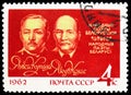 Postage stamp printed in USSR Russia shows Byelorussian Poets Yanka Kupala,Yakub Kolas, Famous Writers serie, circa 1962 Royalty Free Stock Photo