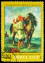 Postage stamp printed in USSR Russia shows Moroccan Saddling a Horse, Eugene Delacroix 1855, Foreign Paintings in Soviet