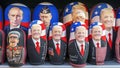 MOSCOW, RUSSIA-JANUARY 17, 2017: Russian traditional toy - Matryoshka with a portrait of Putin and Trump. showcase souvenir kiosk Royalty Free Stock Photo