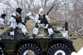 Soldiers special unit on the armored personnel carrier.