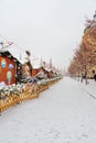 Street with Christmas illuminations decoration on Red Square in snowfall in Moscow. Russia Royalty Free Stock Photo