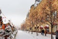 Street with Christmas illuminations decoration on Red Square in snowfall in Moscow. Russia Royalty Free Stock Photo