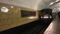 Moscow, Russia. 23 January 2018: The train in Moscow subway station arrives at Biblioteka imeni Lenina. Editorial video.