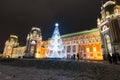 Tsaritsyno with Christmas tree people go sightseeing.