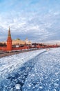 Iew from the Bridge to the Vodovzvodnaya Tower of the Moscow Kremli. Ice on the Moscow River.