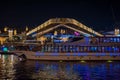 Views of the Moskva river, Zaryadye Park, Floating bridge and tourist ship in Moscow