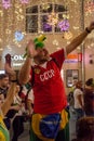 Man is making selfie. Football fans of different countries celebrate the victory of the Russian team over Spain