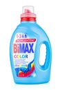 Moscow, Russia - July 22, 2020: BiMAX COLOR concentrated laundry gel in a blue plastic bottle with red dispenser isolated on white