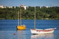 Moscow, Russia - July 01, 2022: a boat with a stowed sail is on the water Royalty Free Stock Photo