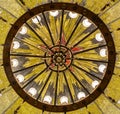 Chandelier and mosaics depicting a Soviet five-pointed star on the ceiling of Komsomolskaya Metro station in Moscow