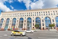 Moscow, Russia - July 28, 2019: Facade with big arch windows of Central Children Store in Moscow downtown against blue sky with