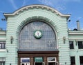 MOSCOW, RUSSIA. A fragment of the building of the Belarusian station with hours