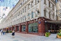 Moscow, Russia - July 28, 2019: Glass showcases of Audi car dealer shop on Nikolskaya street in Moscow at sunny summer morning