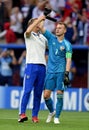 Goalkeeper coach Gintaras Stauche goalkeeper Igor Akinfeev after penalty shootout in FIFA World Cup 2018 Round of 16 match Spain