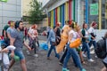 MOSCOW, RUSSIA - JULY 22, 2018: A group of young people in multi-colored headphones SONY h.ear on gathered for quest party