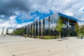 MOSCOW, RUSSIA -July 31, 2020: Khodynka field new modern area walking zone in Moscow. Modern glass and metal architecture
