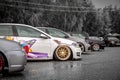Moscow, Russia: July 06, 2019: A lot of tuned cars. Volkswagen golfs mk4, mk1, mk5 and mk6 parked in a row. VW meeting Royalty Free Stock Photo