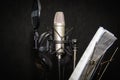 MOSCOW, RUSSIA - JULY 30, 2019:Musical equipment.Professional condenser microphone in studio. Close up from side