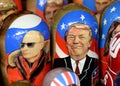 Nested dolls depicting Russian President Vladimir Putin and US President Donald Trump on the counter of souvenirs in Moscow