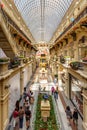 Moscow, Russia - July 28, 2019: Panorama of gallerys of GUM State Department Store on Red square in Moscow. GUM is popular