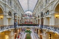 Moscow, Russia - July 28, 2019: Panorama of GUM State Department Store interiors. Architecture of GUM on Red square in Moscow