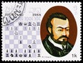 Postage stamp printed in Laos shows Ruy Lopez de Segura, Chess serie, circa 1988