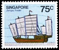 Postage stamp printed in Singapore shows Jiangsu trading junk, Ships serie, circa 1980