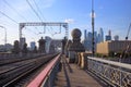 The Luzhnetsky bridge and view of the towers of Moskva-City