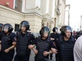 Moscow, Russia - July 27, 2019. Riot police at an opposition protest rally for fair elections to the Moscow City Duma Royalty Free Stock Photo