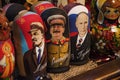 Russian traditional nested dolls. Dolls have a portrait of Vladimir Lenin, Vladimir Putin and Joseph Stalin. Modern caricatures