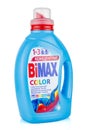 Moscow, Russia - July 22, 2020: Side view of BiMAX COLOR concentrated laundry gel in a blue plastic bottle with red dispenser