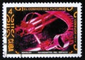 MOSCOW, RUSSIA - JULY 15, 2017: A stamp printed in Cuba shows futurisric cosmic scenery, the series 