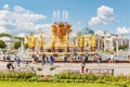 Moscow, Russia - July 22, 2019: Tourists resting and takes a photo near Friendship of Peoples fountain in VDNH park in Moscow at Royalty Free Stock Photo